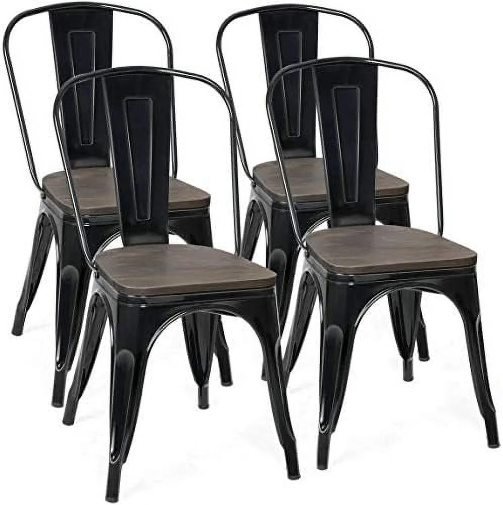 LNSETGC Set of 4 Metal Dining Chairs with Wood Top Seat  Tolix Style Stackable Bistro Cafe Side Chair  Indoor Outdoor Dining Chairs with High Backrest  Perfect for Living Room  Restaurant