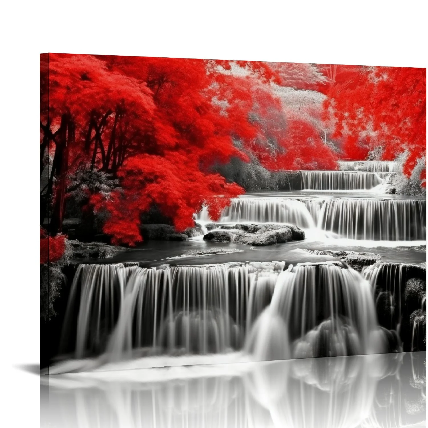 CANFLASHION Black and White Decor Waterfall Wall Art Red Forest Scenery Painting Canvas Prints Landscape Wall Pictures for Bedroom Living Room Modern Framed Home Decorations