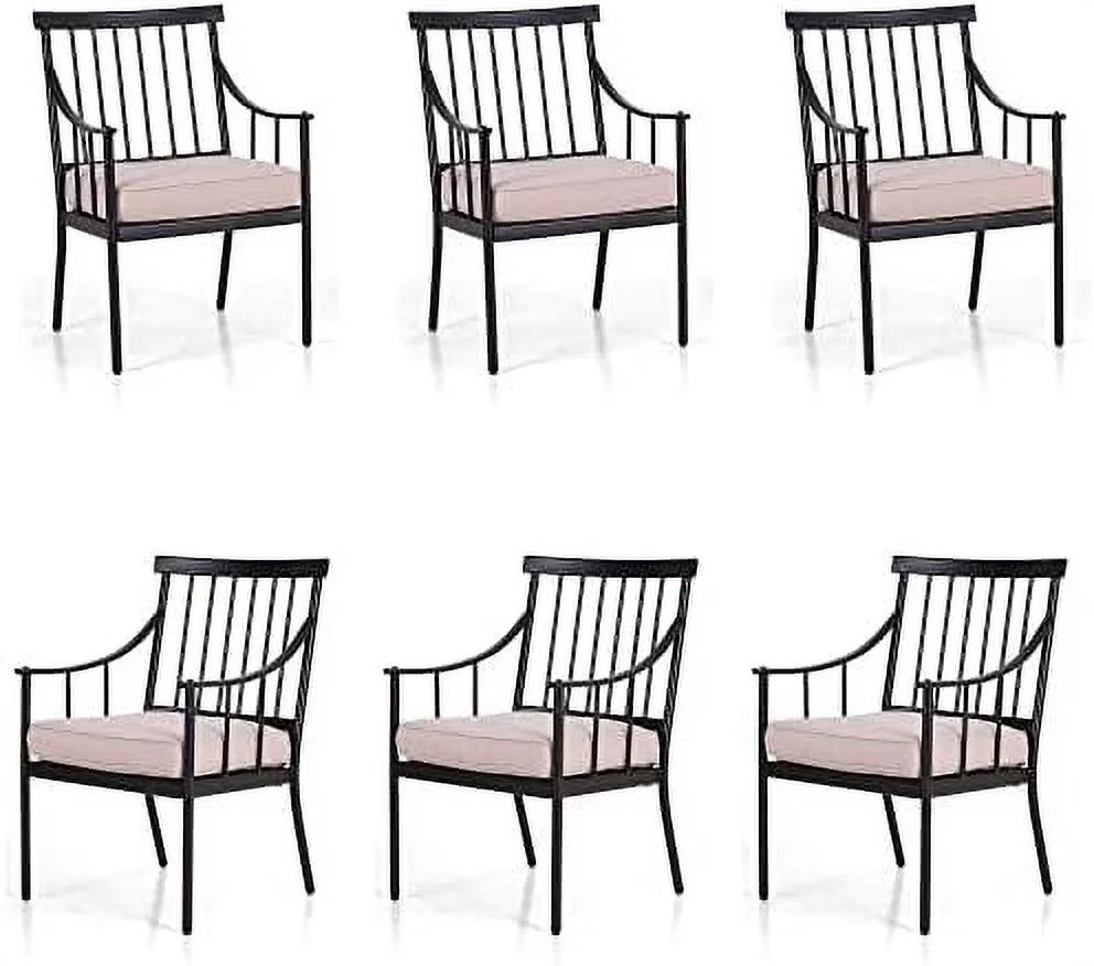 Outdoor Metal Steel Dining Chairs With Cushion, Black Heavy-Duty Weatherproof Armchairs For Patio, Deck, Yard - Set Of 6