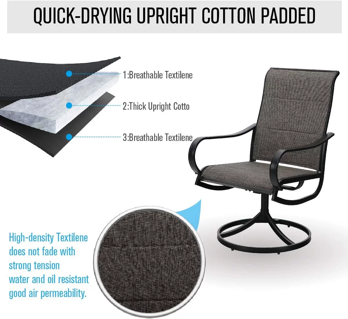 5 Pieces Patio Dining Set  Outdoor Furniture Set with 37" Square Wood-Like Table and 4 Padded Textilene Fabric Swivel High Back Chairs for Garden  Poolside Backyard  Porch