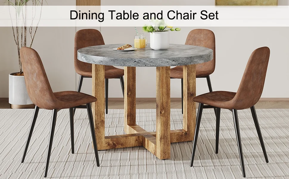 DeeHome A modern and practical circular dining table. Made of MDF tabletop and wooden MDF table legs. A set of 6 brown cushioned chairs. CT-403 B0501A