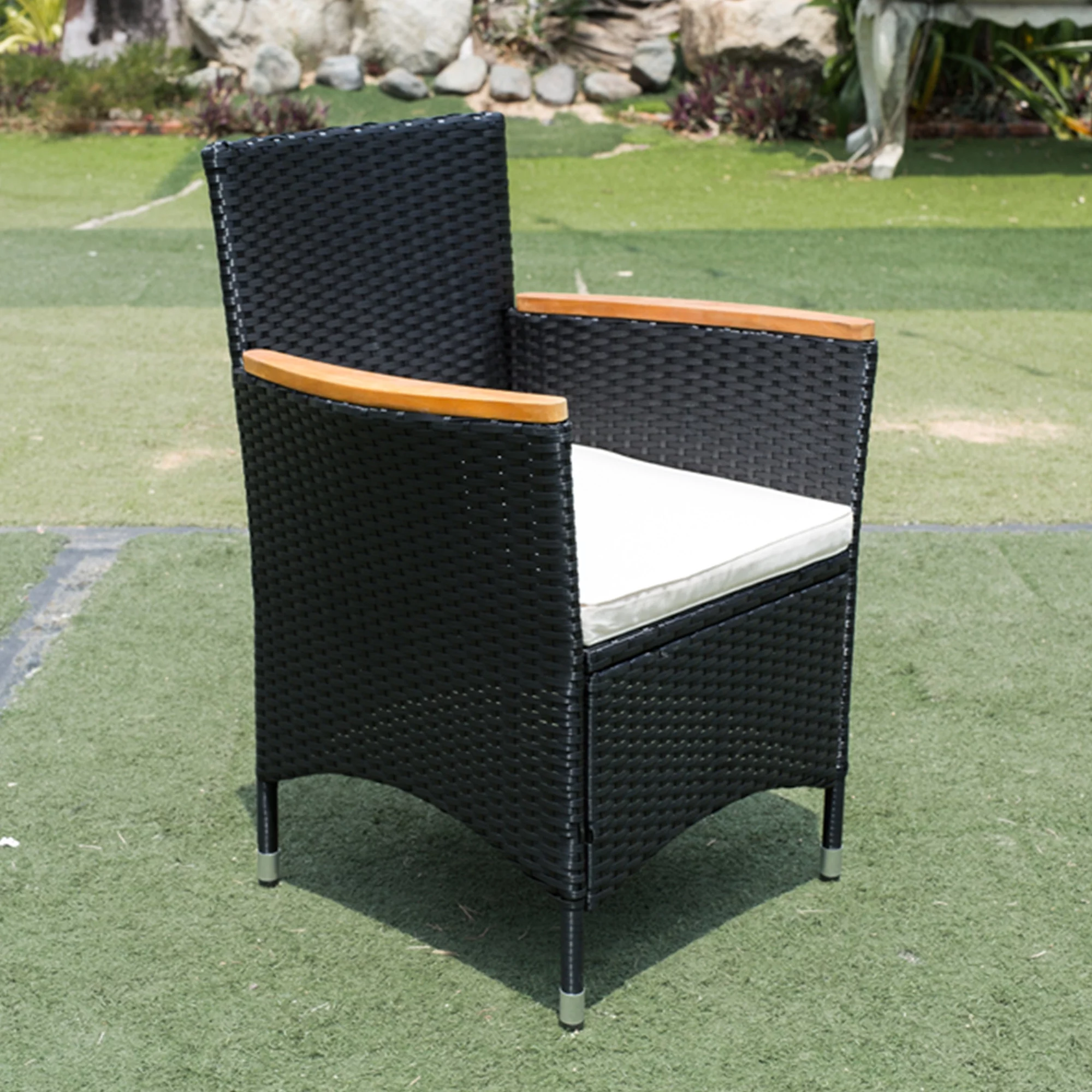 Dcenta 7 PCS Patio Rattan Dining Set Patio Wicker Dining Set wAcacia Wood Wicker Dining Table and Chairs Set