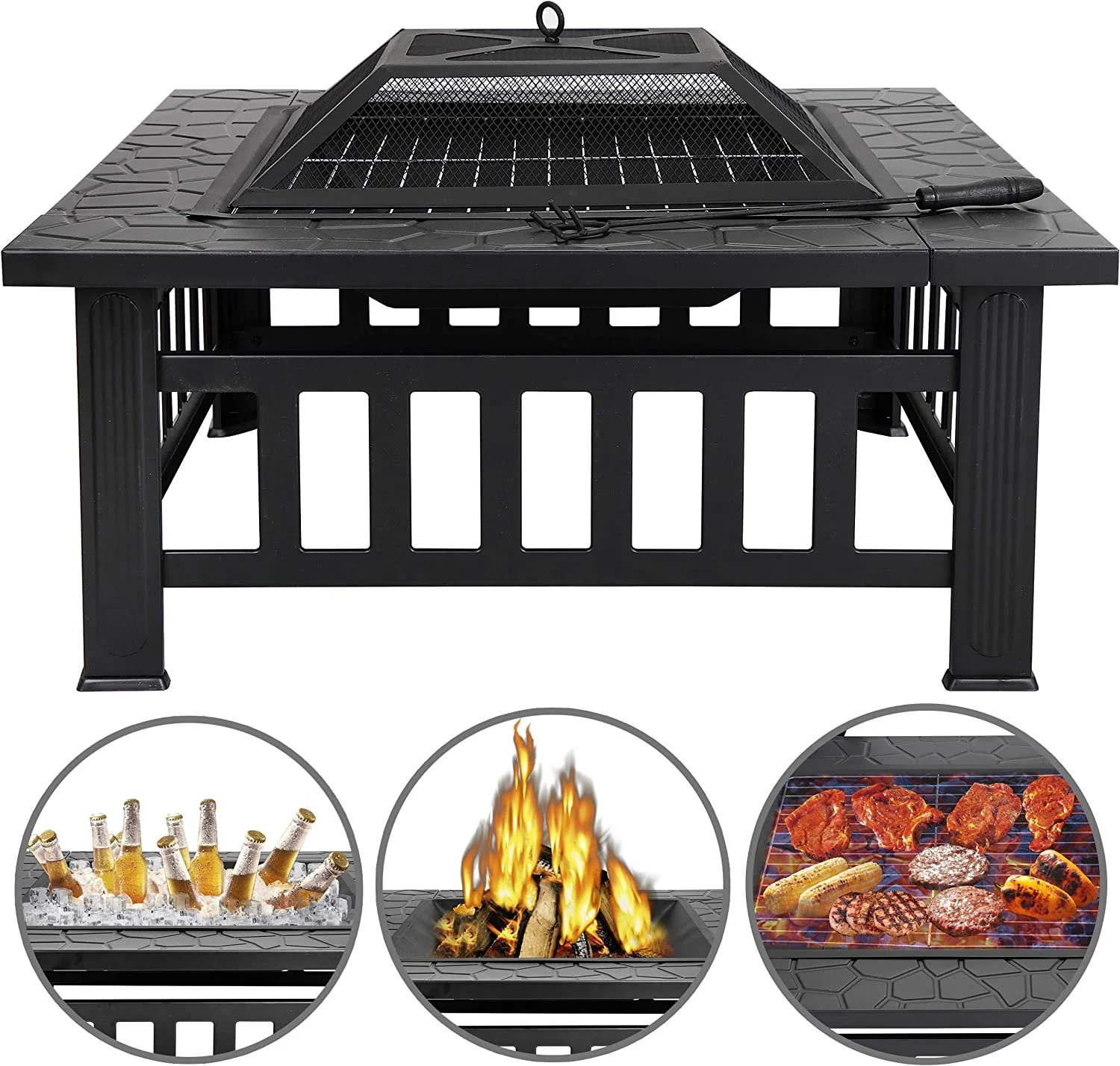 Elegant 32in Square Fire Pit Backyard Elegant Garden Stove Wood Burning Fireplace -3 in 1 BBQ Grill, Cooler, and Fire Bowl w/Large Spark Screen, Log Poker and Cover