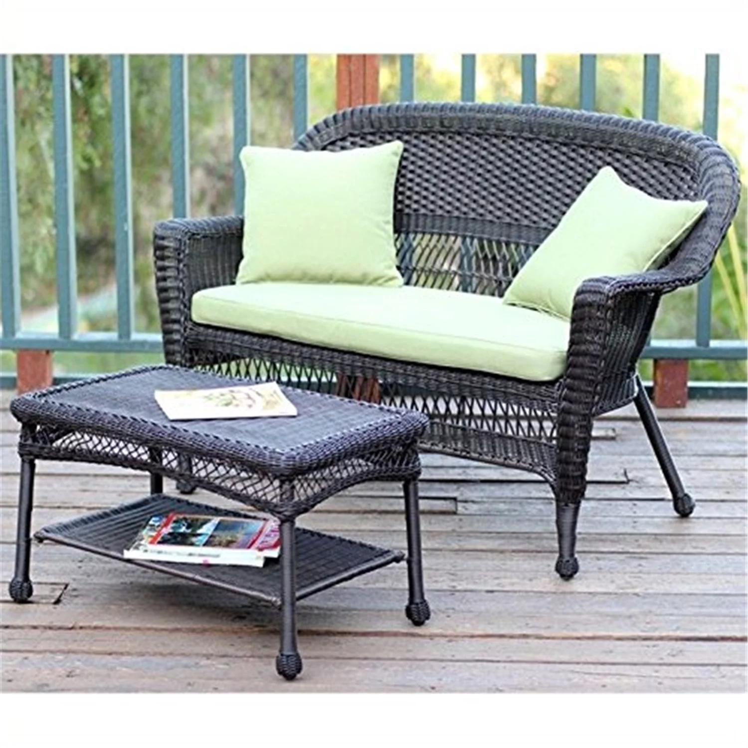 Jeco Wicker Patio Love Seat and Coffee Table Set with Green Cushion-Finish:Espresso