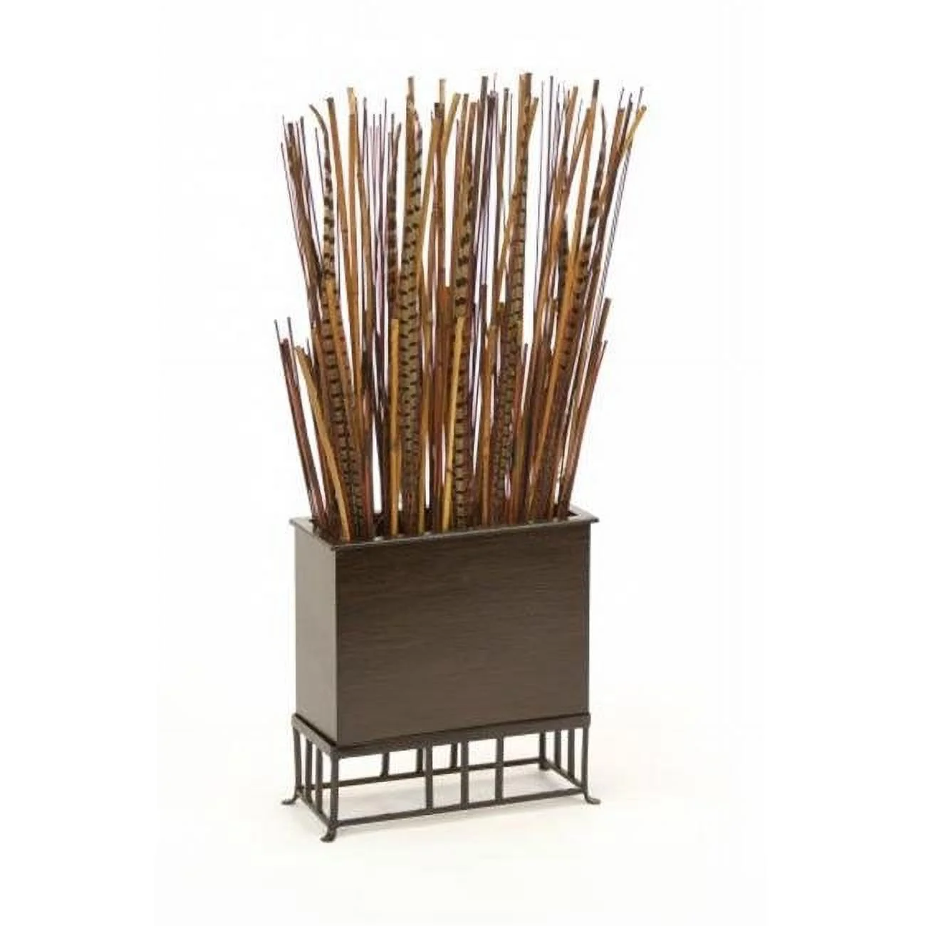 Bamboo Reeds & Pheasant Feathers in Rectangle Wood Planter with Metal Stand