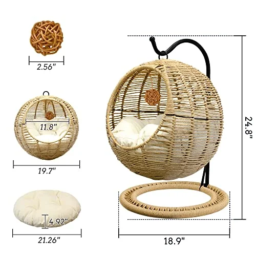 Wicker Cat Bed Indoors & Outdoors, Hand Made Cat Swing Bed with Removable Cushion & Hanging Ball, Washable Pet Swing for Cat, Small Dog, Small Animals