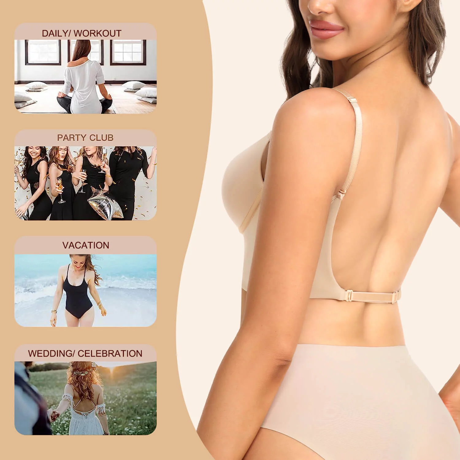 MANIFIQUE Women's Low Back Bra Wire Lifting Deep U Shaped Plunge Backless Bra with Convertible Clear Straps