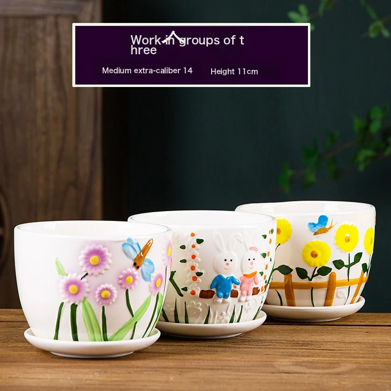 Flower Pot Ceramic Large Cartoons Green Dolo -Large Small Small Succession Plastic Flower Plant 303-Twinbird + Big Red Flower (2) Large Ceramic