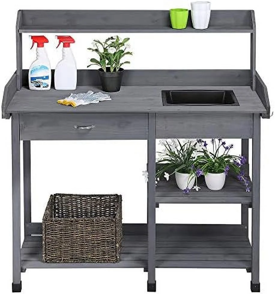 DIKTESSE 45.2x17.7x47.6'' (LxWxH) Potting  Outdoor Garden Potting Table Work Bench with Removable Sink Drawer Rack Shelves Work Station  Wood