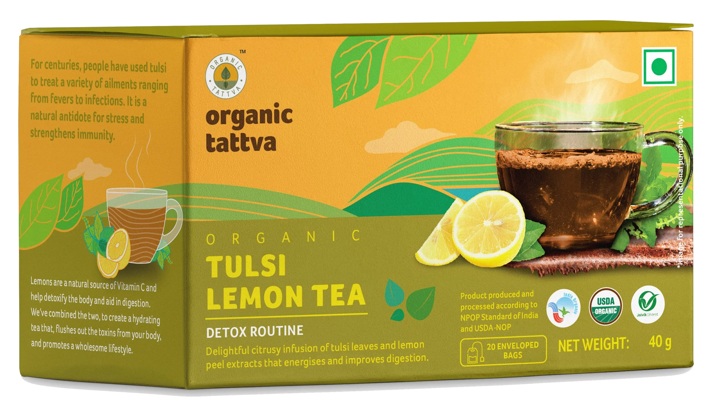 Organic Tattva, Organic Tulsi Lemon Tea- 20 Tea Bags | With Benefits Of Tulsi And Green Tea | All Natural Flavour, Zero Calories - Boosts Metabolism &