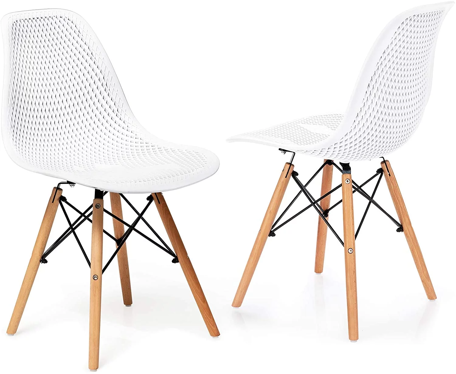 Set of 2 Modern Dining Chairs, Outdoor Indoor Shell PP Lounge Side Chairs with Mesh Design, Beech Wood Legs, Tulip Leisure Chairs, DSW Dining Chairs for Kitchen, Dining Room, White