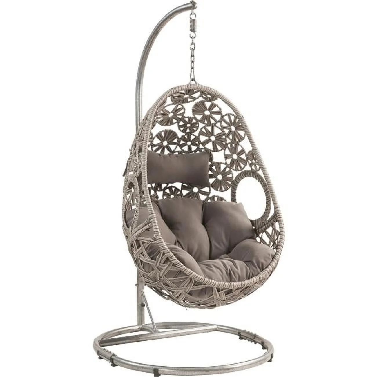 Patio Hanging Chair with Open Circular Motifs & Wicker Frame, Gray