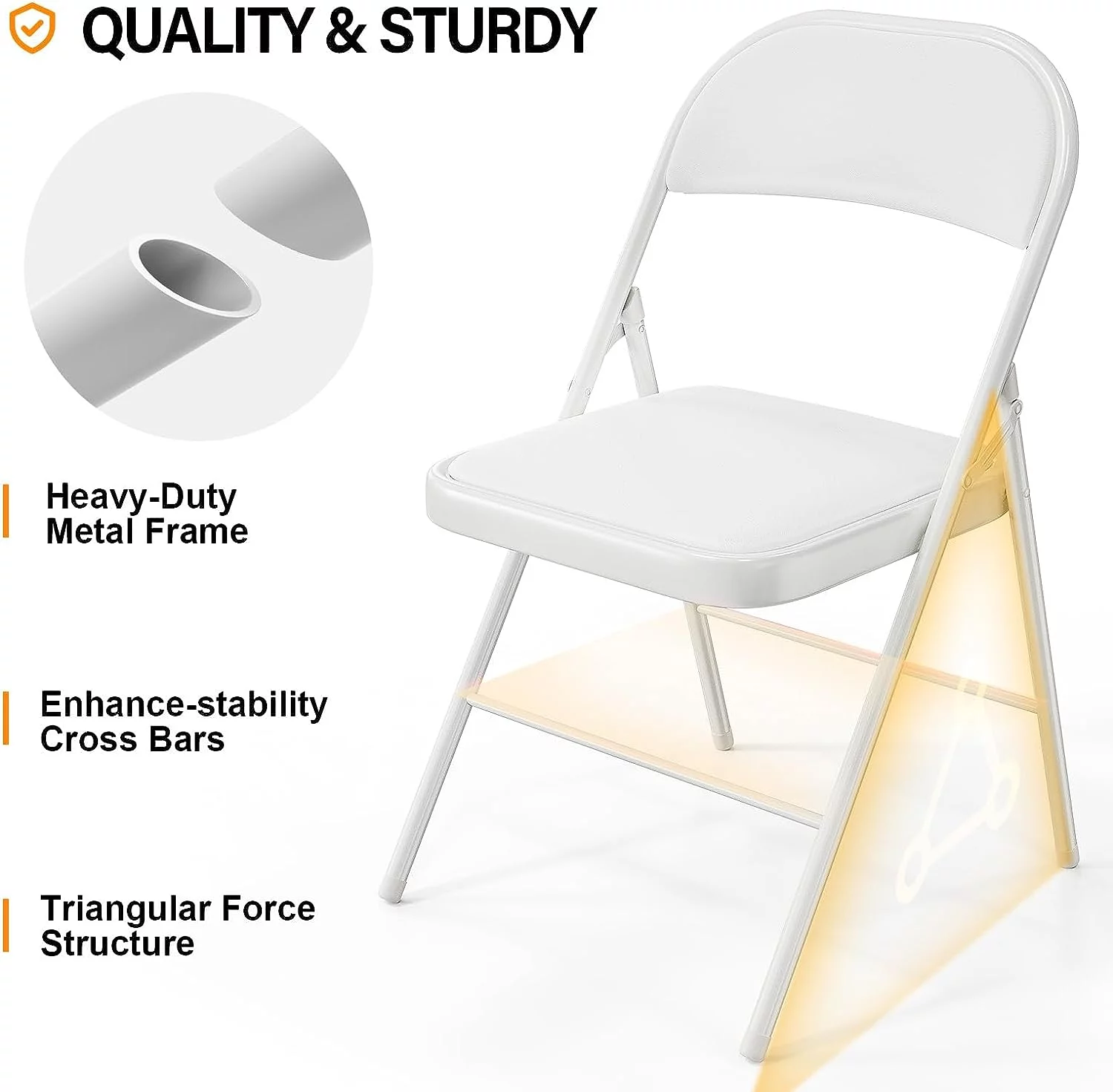 VINGLI Folding Chairs with Padded Seats, Metal Frame with Pu Leather Seat & Back, Capacity 350 lbs, White, Set of 6