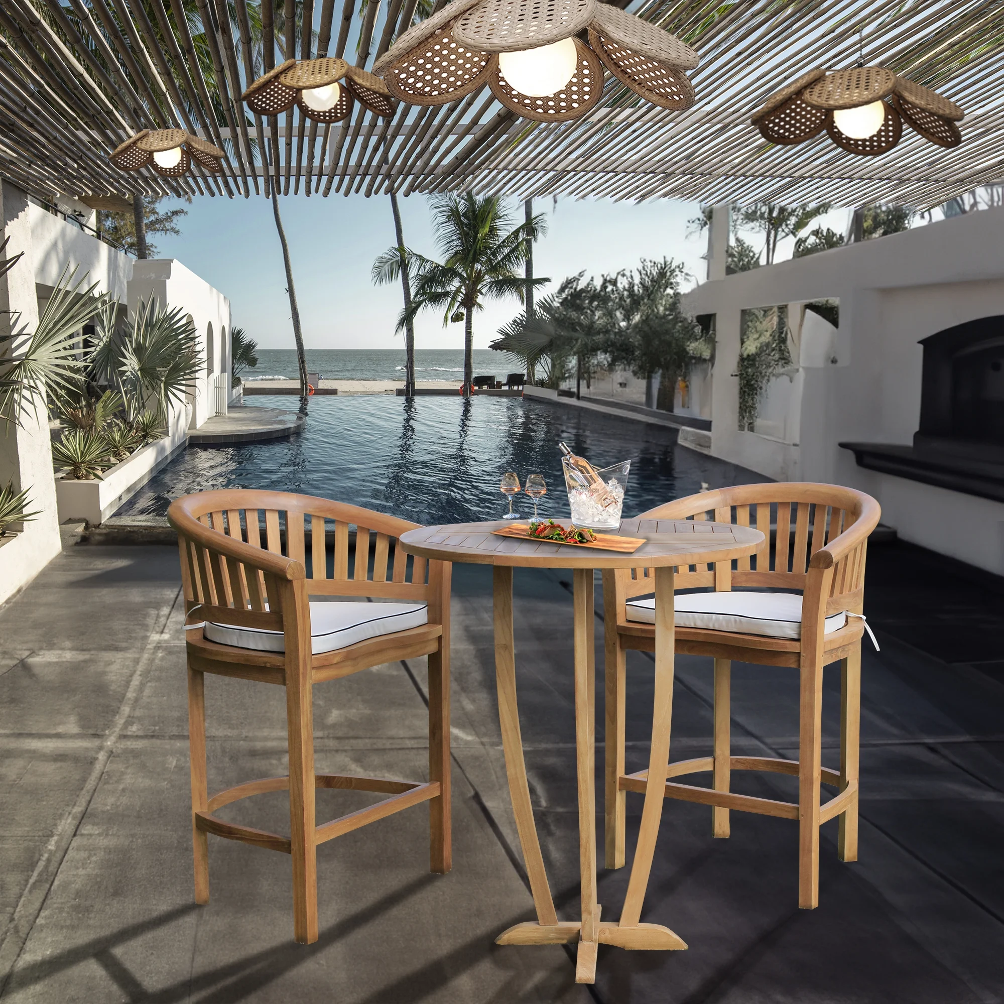Teak Wood Peanut 3 Piece Patio Bar Set, 2 Bar Chairs and 35