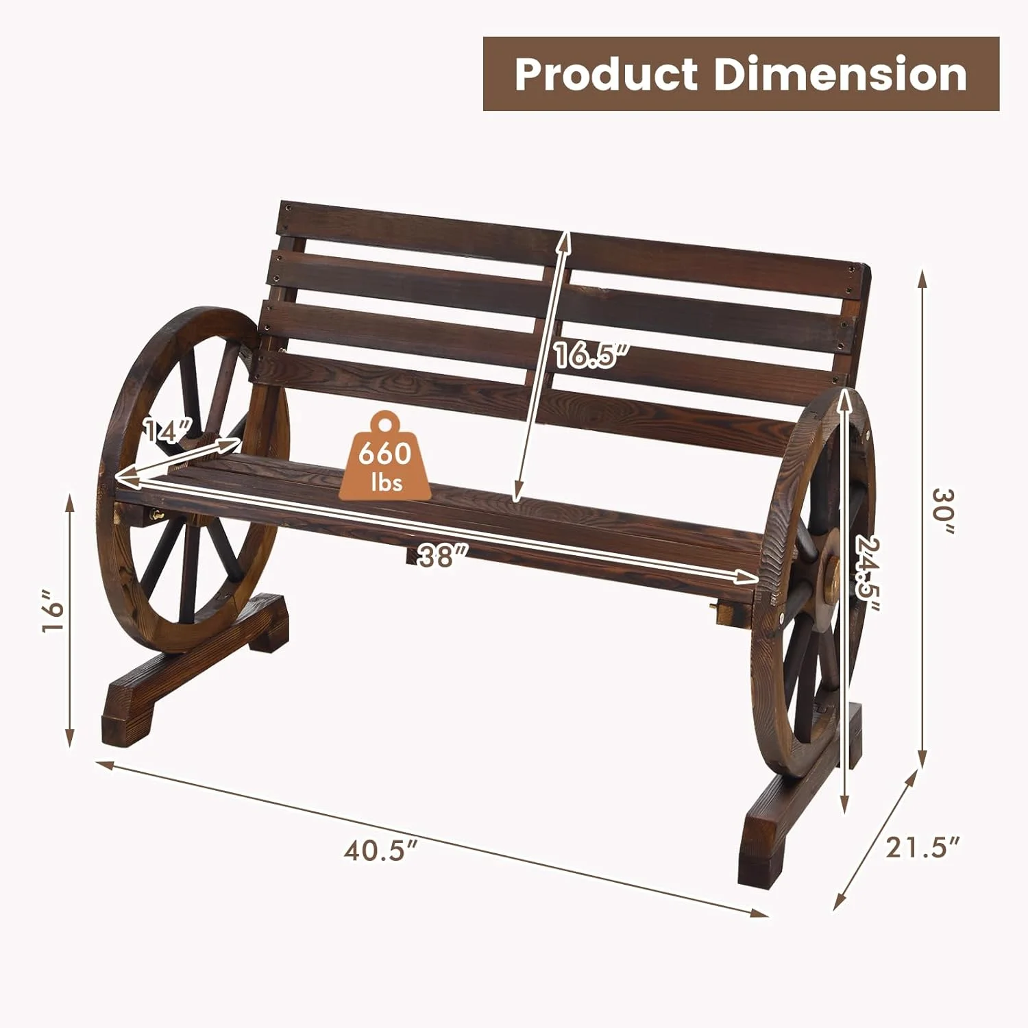 Elegant Outdoor Bench Wooden Wagon Wheel Bench, 2-Person Outdoor Garden Bench W/Slatted Seat, Backrest, Armrests for Backyard, Garden Rustic Retro Style Outside Decor Lounge Furniture Elegant Bench