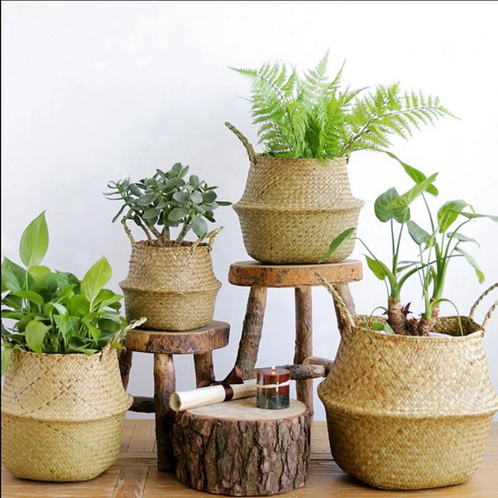 Seagrass Wickerwork Basket Rattan Foldable Hanging Flower Pot Planter Woven Dirty Laundry Basket Storage Basket Home Storage Decor Basket