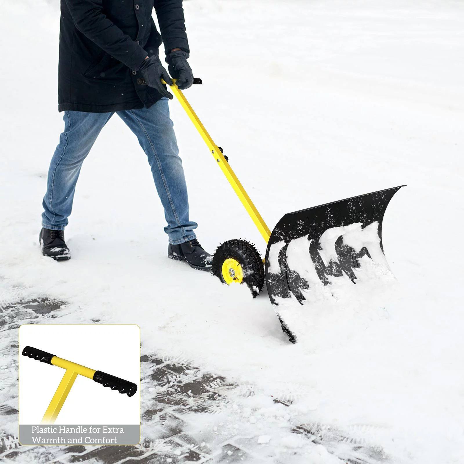 EasingRoom Snow Shovels with Wheels Heavy Duty Snow Pusher Adjustable Handle for Doorway