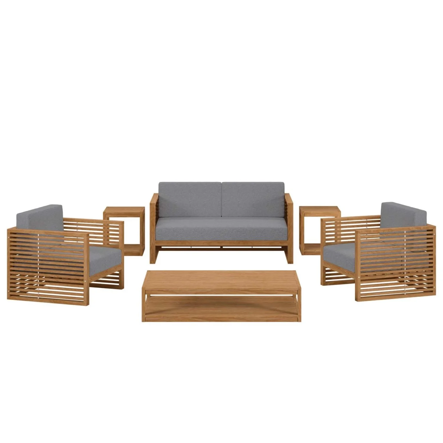 Lounge Sectional Sofa Table Set, Grey Gray Natural, Teak Wood, Outdoor Patio Balcony Cafe Bistro Garden Hospitality Restaurant, Modern Contemporary HB34140