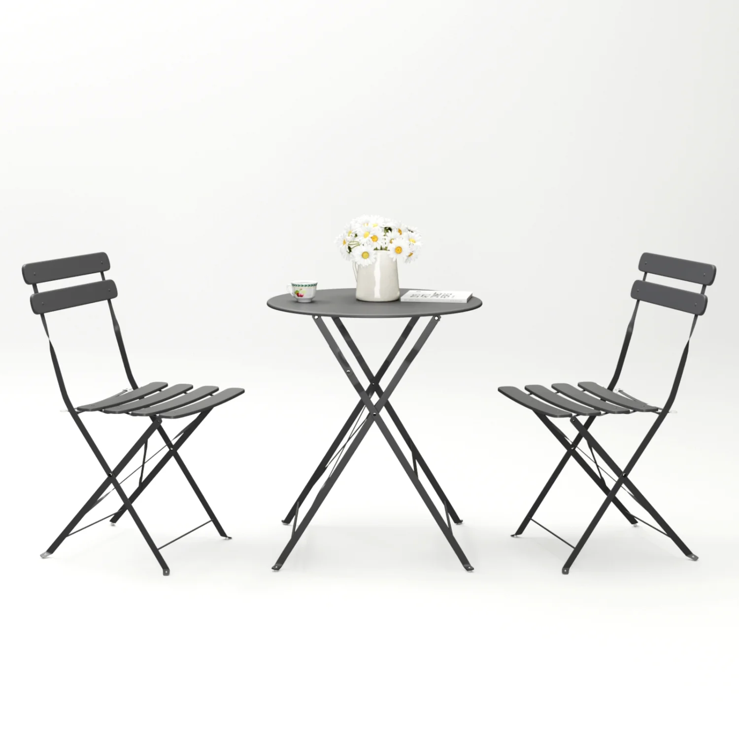 Relaxing and Entertaining Stylish Gray 3-Piece Outdoor Patio Metal Chair and Table Set for Bistro Balcony