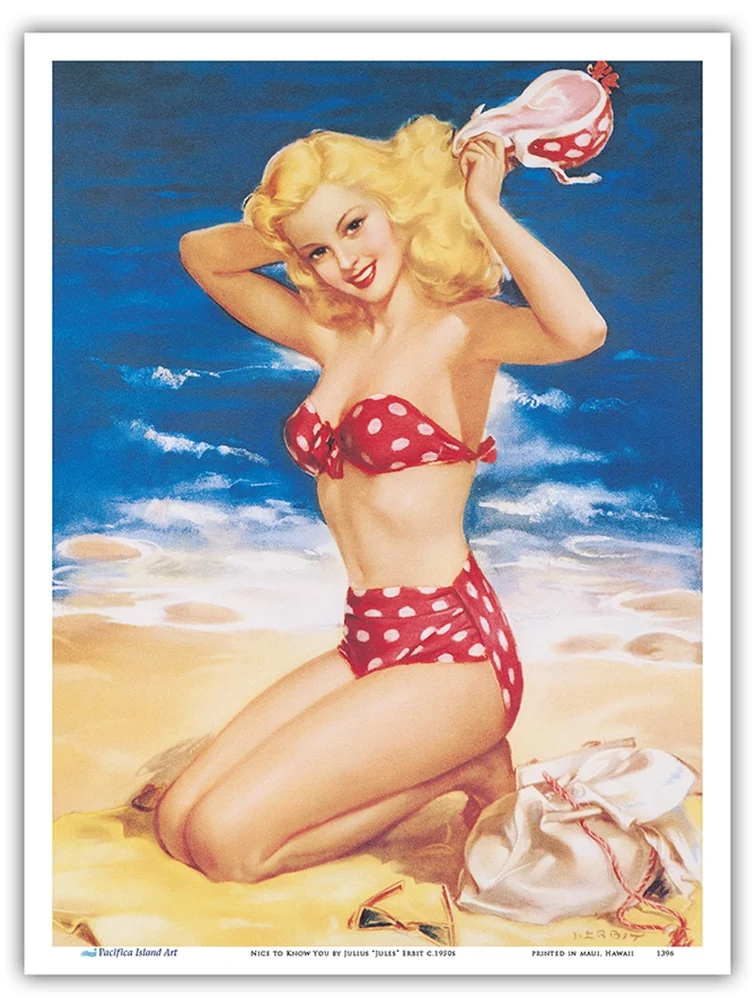 Nice to Know You - All American Beach Girl - Vintage Pin Up Girl Print by Julius “Jules” Erbit c.1950s - Master Art Print (Unframed) 9in x 12in