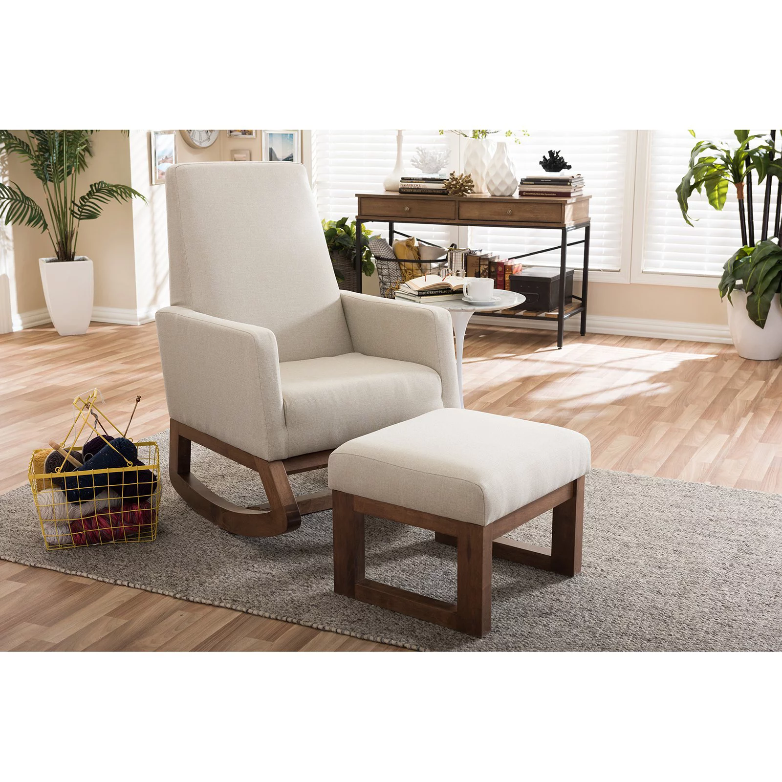 Baxton Studio Yashiya Upholstered Rocker and Ottoman in Beige
