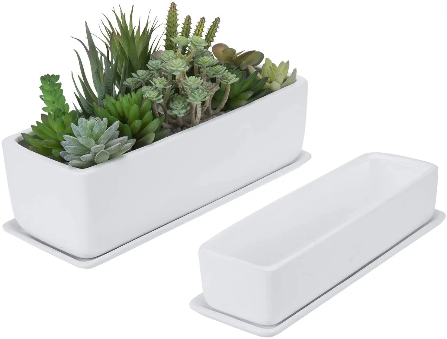 MyGift 2 Piece Modern Rectangular Ceramic Planter with Removable Saucer, Matte White
