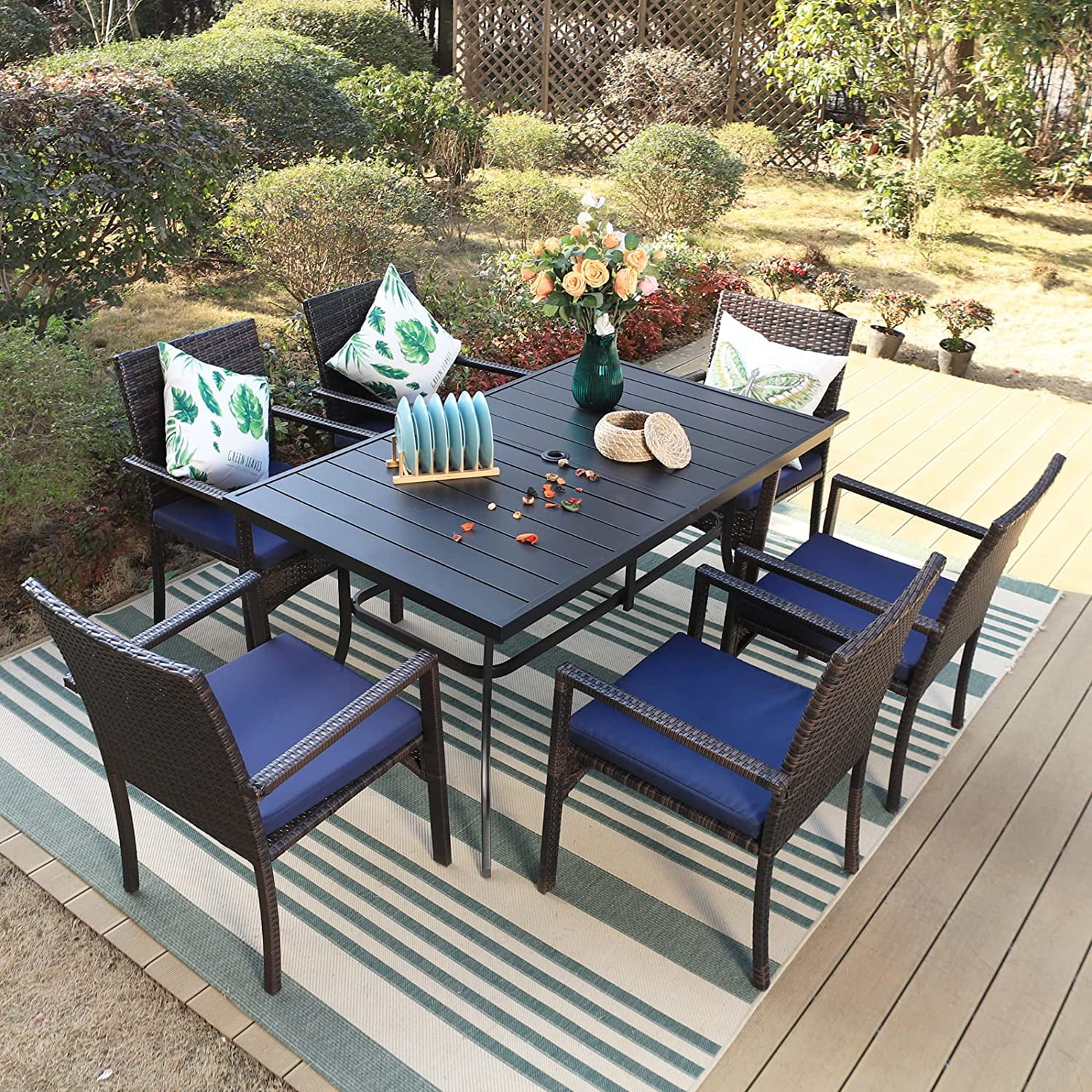 & William 7 Pieces Patio Dining Furniture with 13 Ft Navy Double-Sided Twin Umbrella  Outdoor Rattan Chairs & Metal Table Set with Cushions and 1.57" Umbrella Hole for Backyar