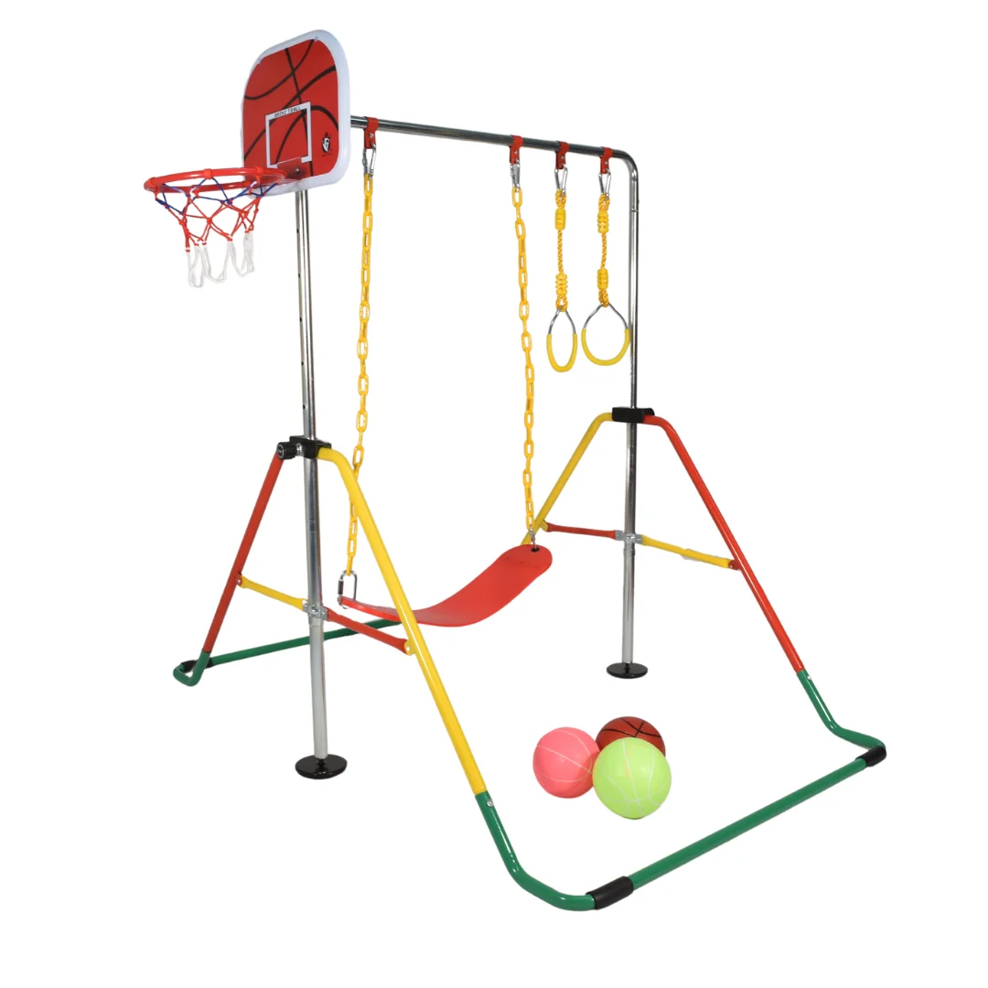 XFACTOR Metal Swing Set With Rings and Basket Ball, Foldable, Adjustable Height, Children Playground Playset