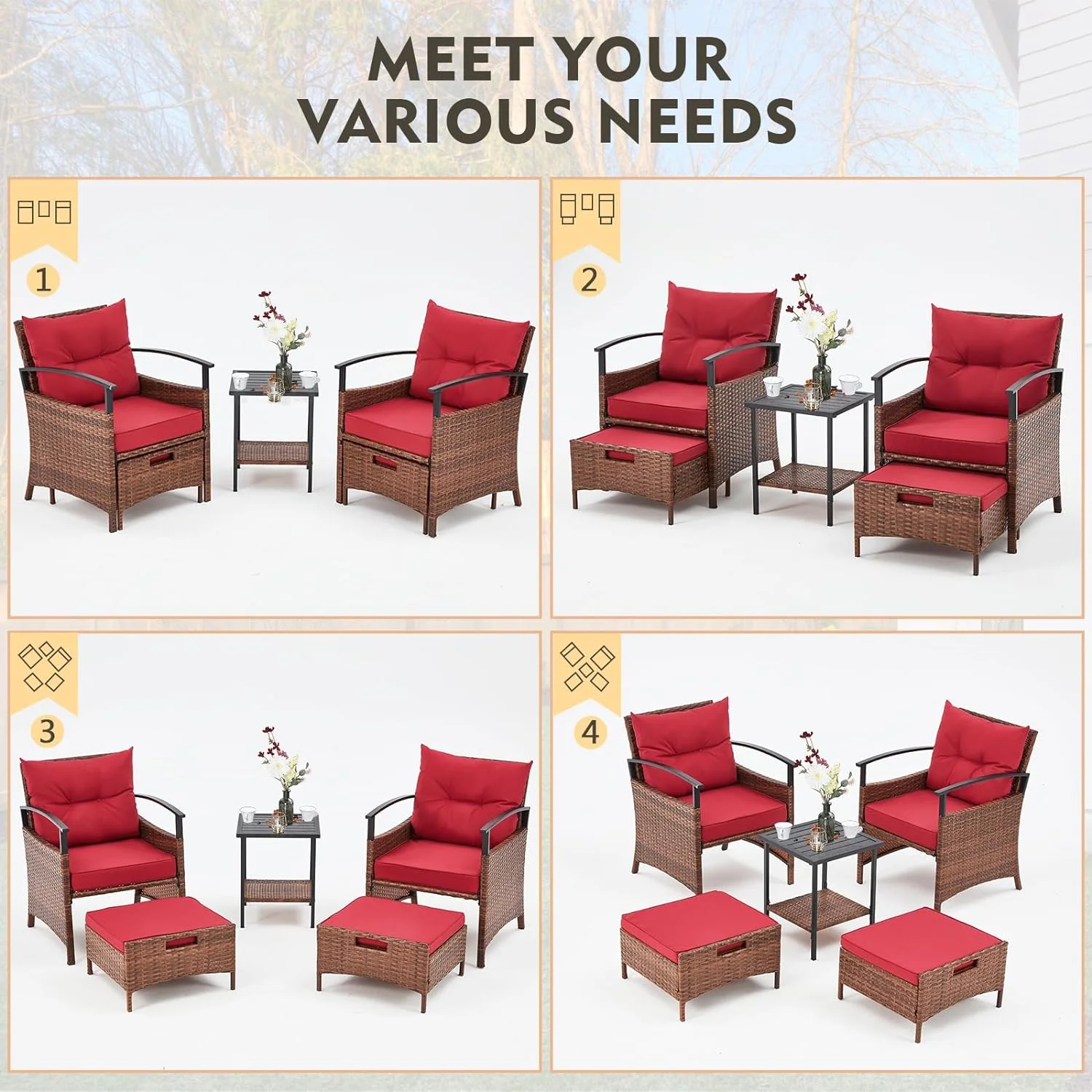 Dina 5 Pieces Patio Furniture Set  Outdoor Rattan Chairs with Metal Coffee Table  Ottomans & Soft Cushions  Wicker Conversation Bistro Set for Garden  Porch  Deck  Balcony (Blue)