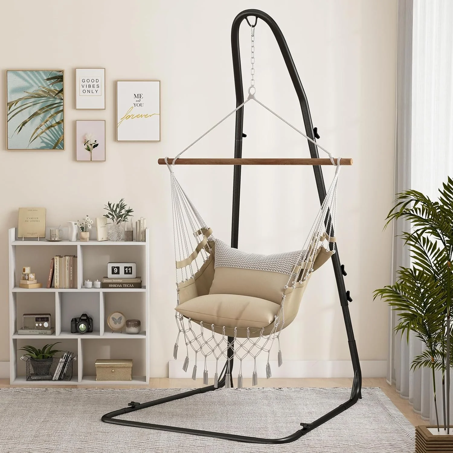 Hammock Stand for Outside, Heavy-Duty Metal Swing Stand with Safety Hook & Sturdy Chain, Height Adjustable Hanging Chair Stand for Indoor, Outdoor, Porch, Patio, Yard, Poolside, Black