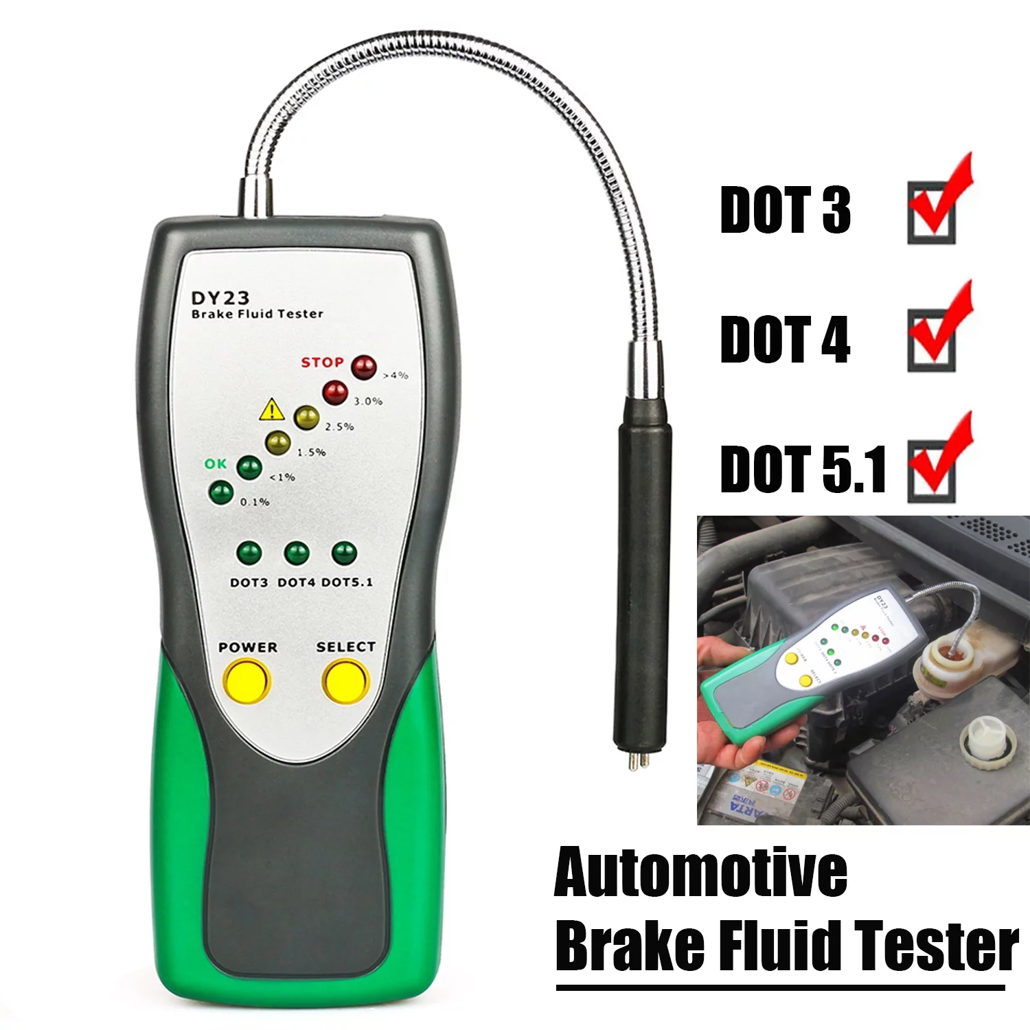 Brake Fluid Tester Universal DOT3 DOT4 DOT5.1 Brake Fluid Moisture Checker Car Brake Oil Water Content Detector W/ High-Sensitive Sensor Probe
