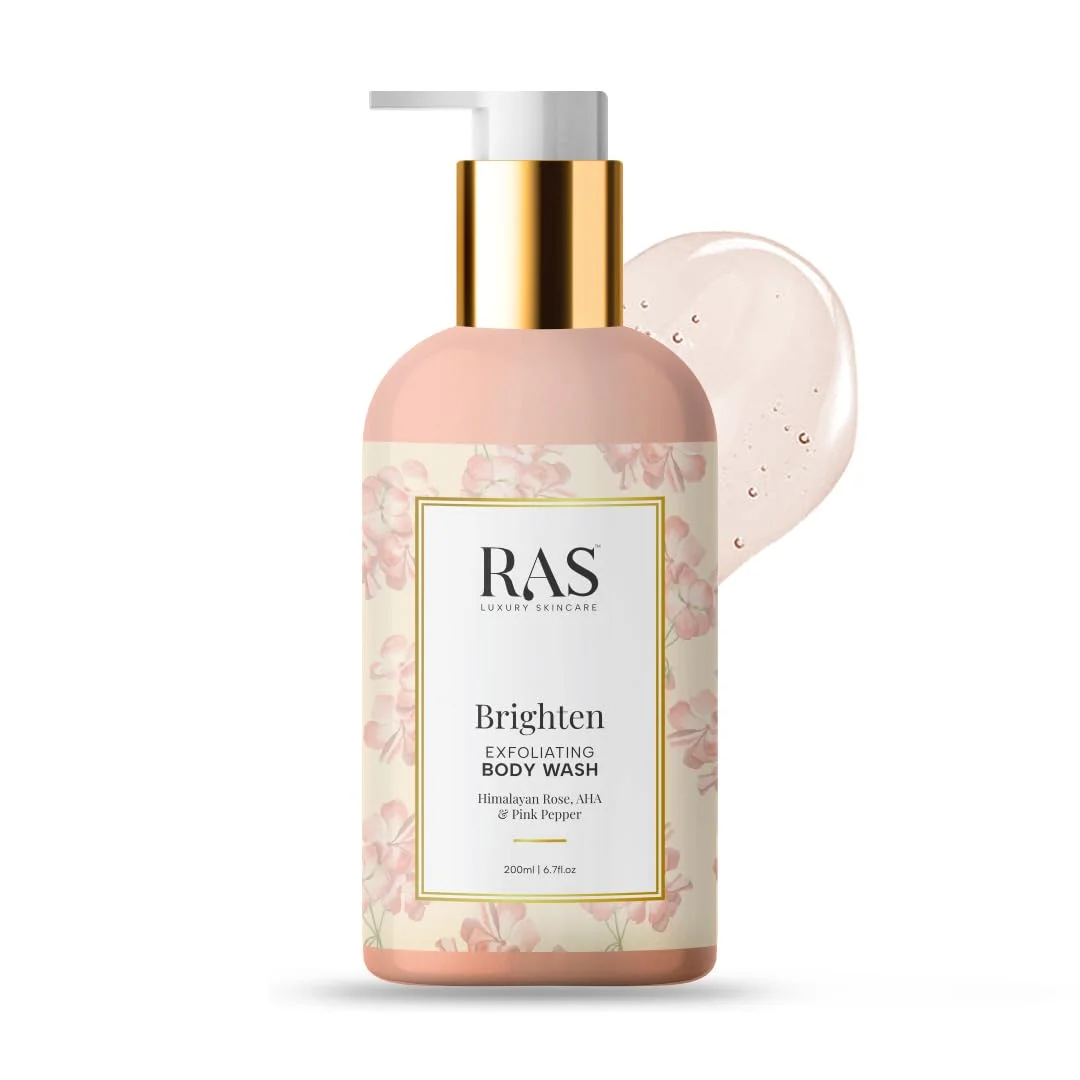 RAS Luxury Oils Brighten Exfoliating Body Wash, Himalayan Rose & Pink Pepper; Brightens skin tone with gentle exfoliation; For Men & Women; AHA Body Wash; 200ml