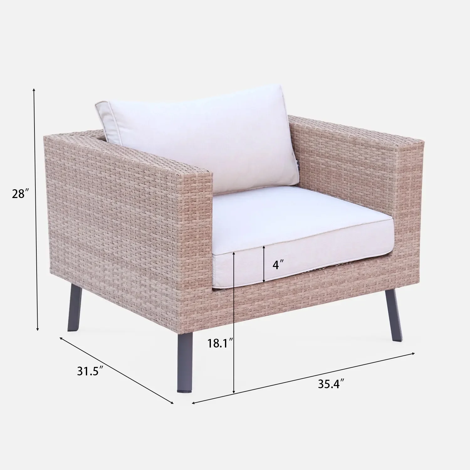 Outdoor Sofa Wicker Patio Chairs, Olefin Single Patio Chair Deep Seating All-Weather Outdoor Armchair Water Resistant