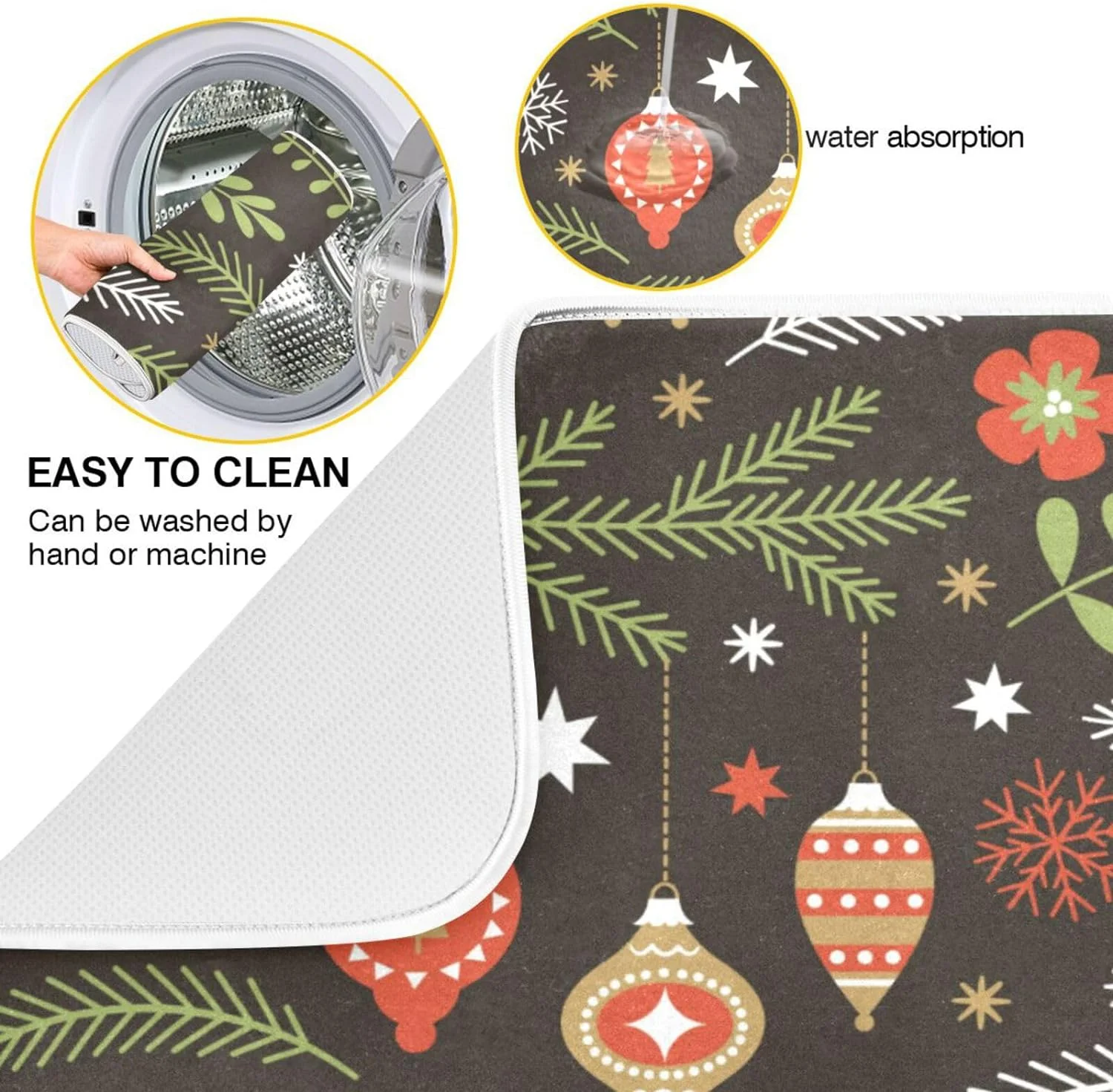 Coolnut Christmas Spruce Branches Dish Drying Mat Absorbent Reversible Drying Pad Dish Drainer Rack Mat for Kitchen Countertops Sinks,24