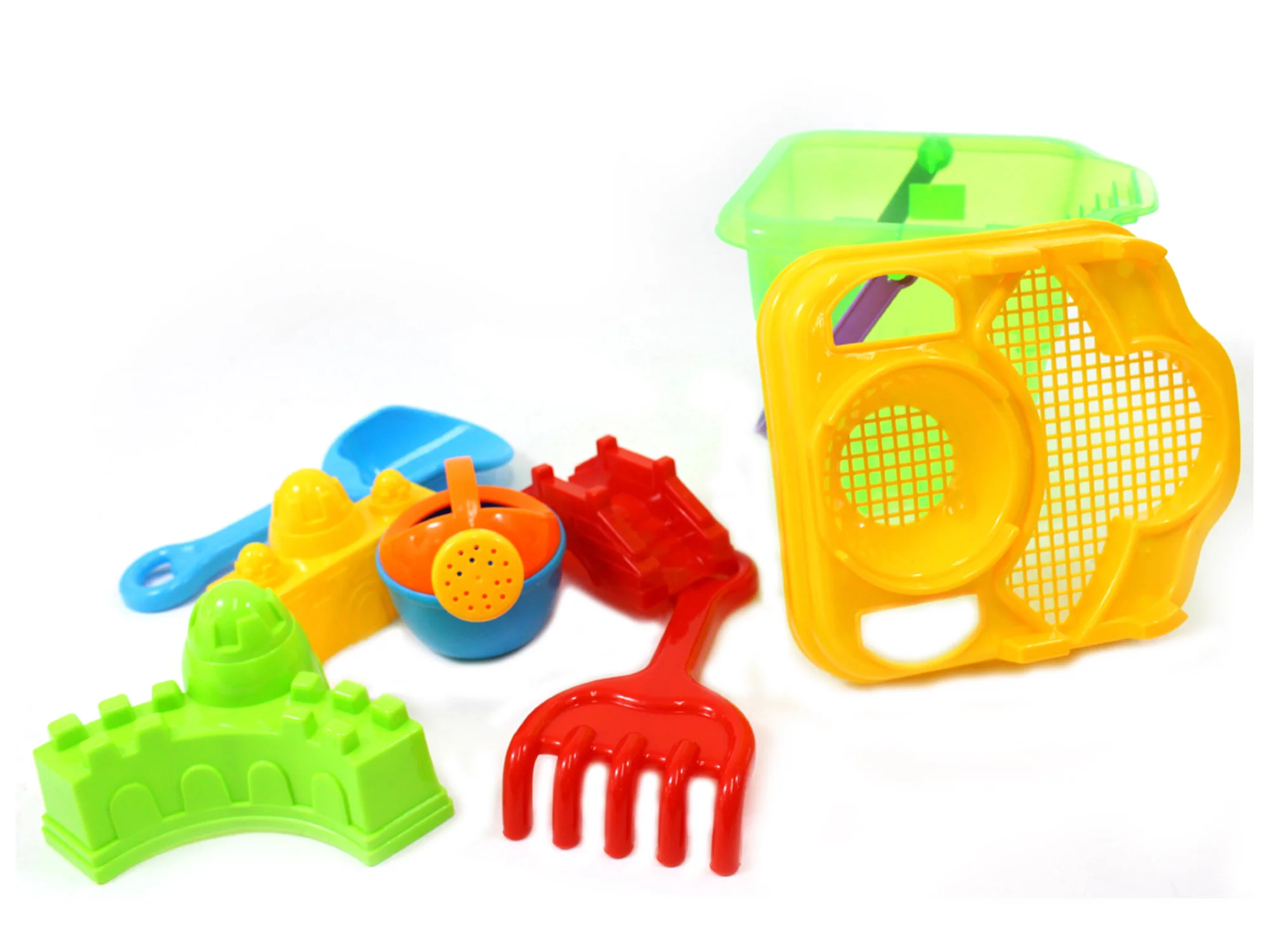6 Piece Beach Sand Toys Play Set for Toddlers Kids Bucket with Sifter Shovel Rake Watering Can Castle Sand Molds