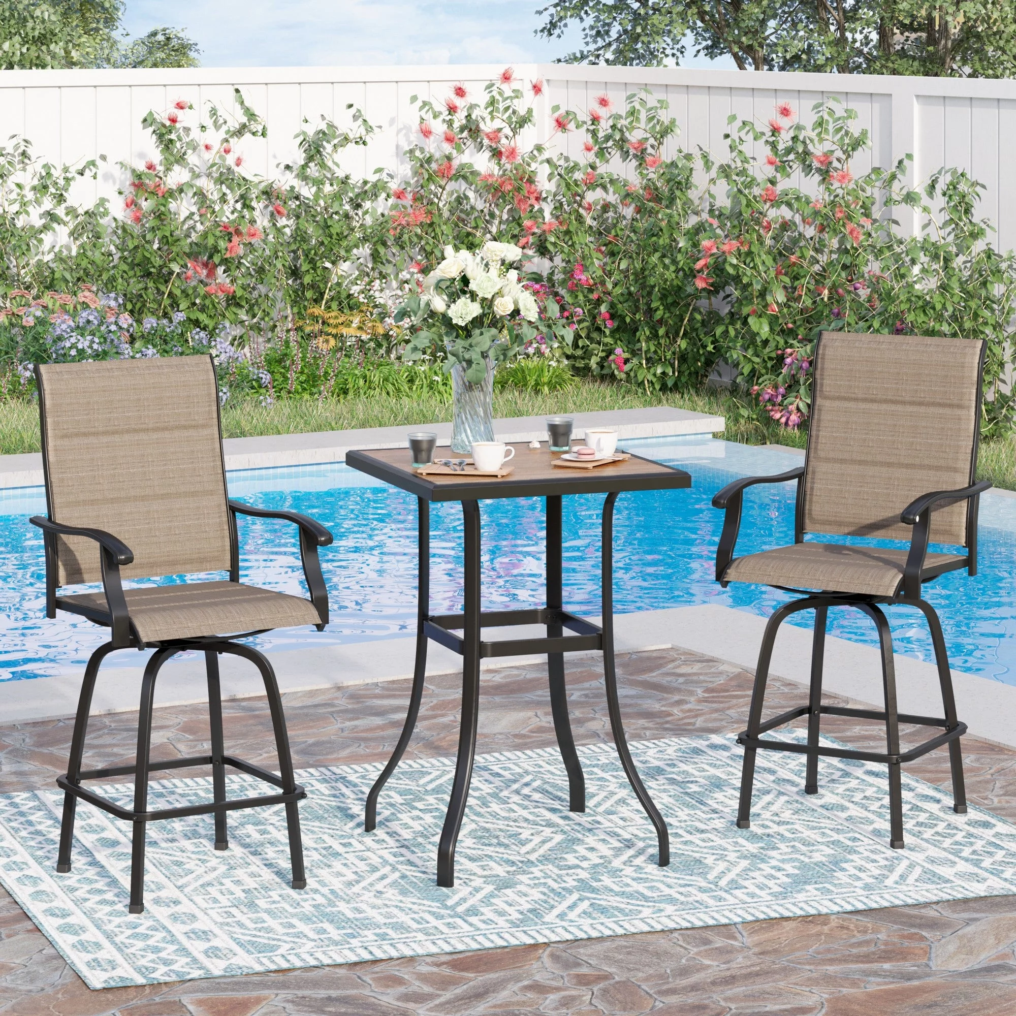 Sophia & William 3 Piece Outdoor Bar Set Patio Bar Height Swivel Padded Chairs and Table Bistro Set