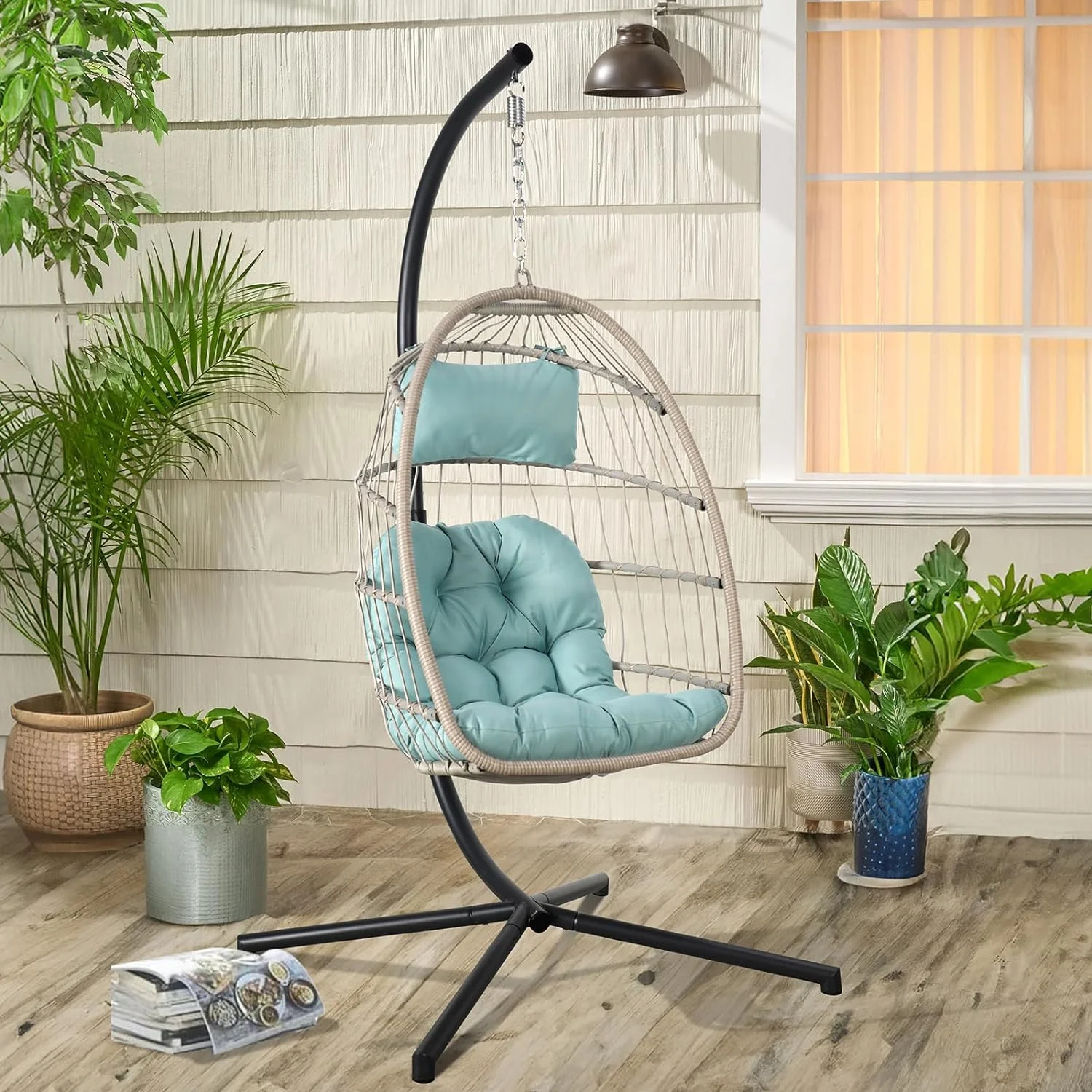 Hanging Egg Chair with Stand, Foldable Wicker Rattan Hammock Swing Seatwith Cushion/Headrest/Weather Cover Indoor/Outdoor, 350 Lbs Capacity, Lake Blue
