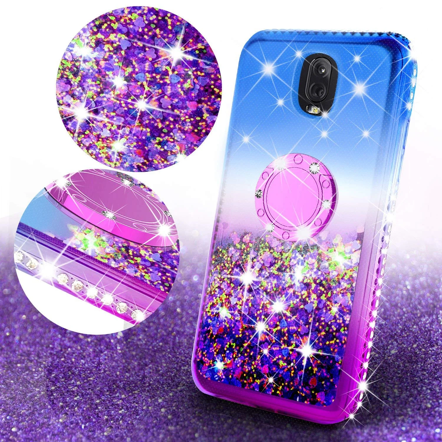 Samsung Galaxy J3 2018/J3 Star/J3 Achieve/Express Prime 3/Amp Prime 3 Case,Liquid Glitter Bling Sparkly Bumper Phone Case Kickstand Ring Kickstand Soft Sparkly Pink