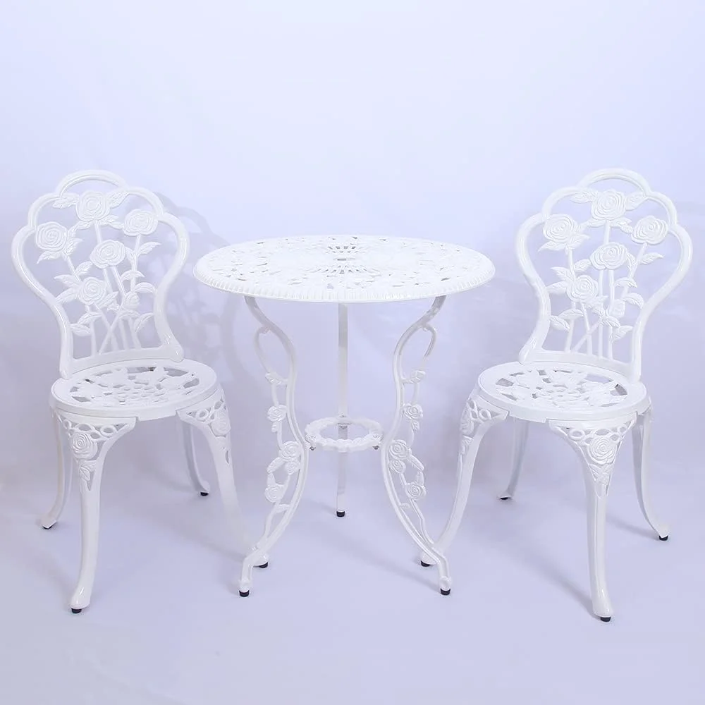 Rose Pattern Cast Aluminum Bistro Set  Modern Outdoor Table & Chairs with Easy Assembly