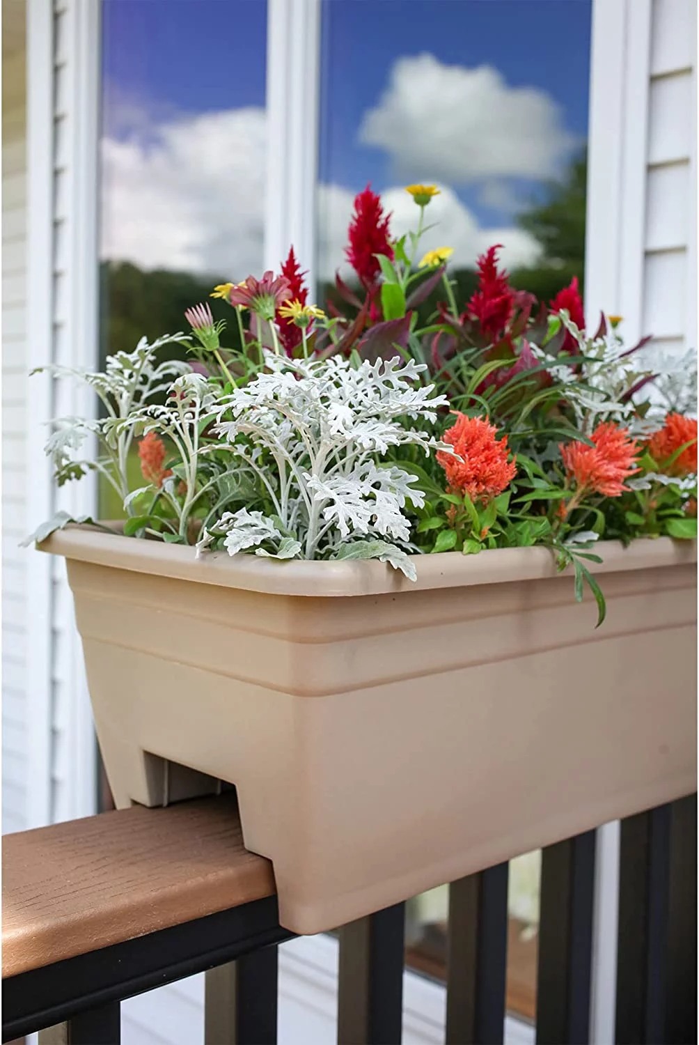 24 Inch Wide Heavy Duty Plastic Deck Rail Mounted Garden Flower Planter Boxes with Removable Drainage Plugs, White (2 Pack)