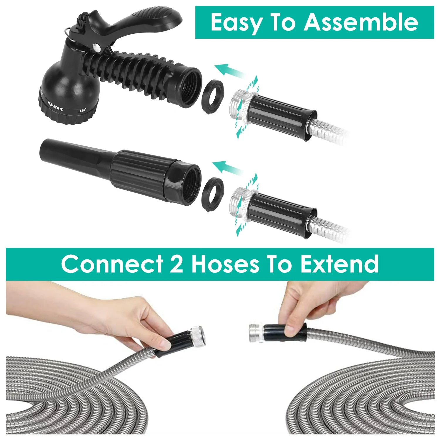 iMounTEK 25ft Garden Watering Hose Kit Stainless Steel, with 2 Nozzles 12 Patterns Flexible Extendable