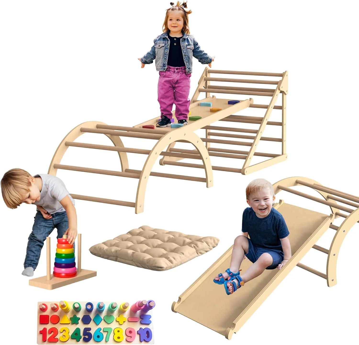 Pikler Triangle 3 Pieces – Kids Play Structure, 3 in 1 Montessori Climbing Baby Gym, Triangle, Arch, and Ramp, Foldable Playhouse for Kids, 36 Months