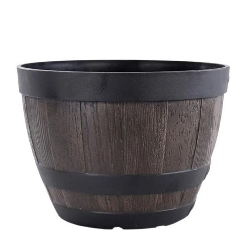 Wooden Barrel Planter Pot Resin Barrel Flower Pot Plant Container for Outdoor or Indoor Decor