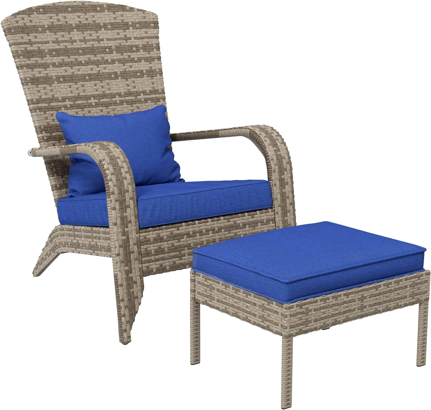 Outsunny Patio Wicker Adirondack Chair with Ottoman, Outdoor Fire Pit Chair with Cushions, High-Back, Large Seat & Armrests for Deck, Garden & Backyard, Dark Blue