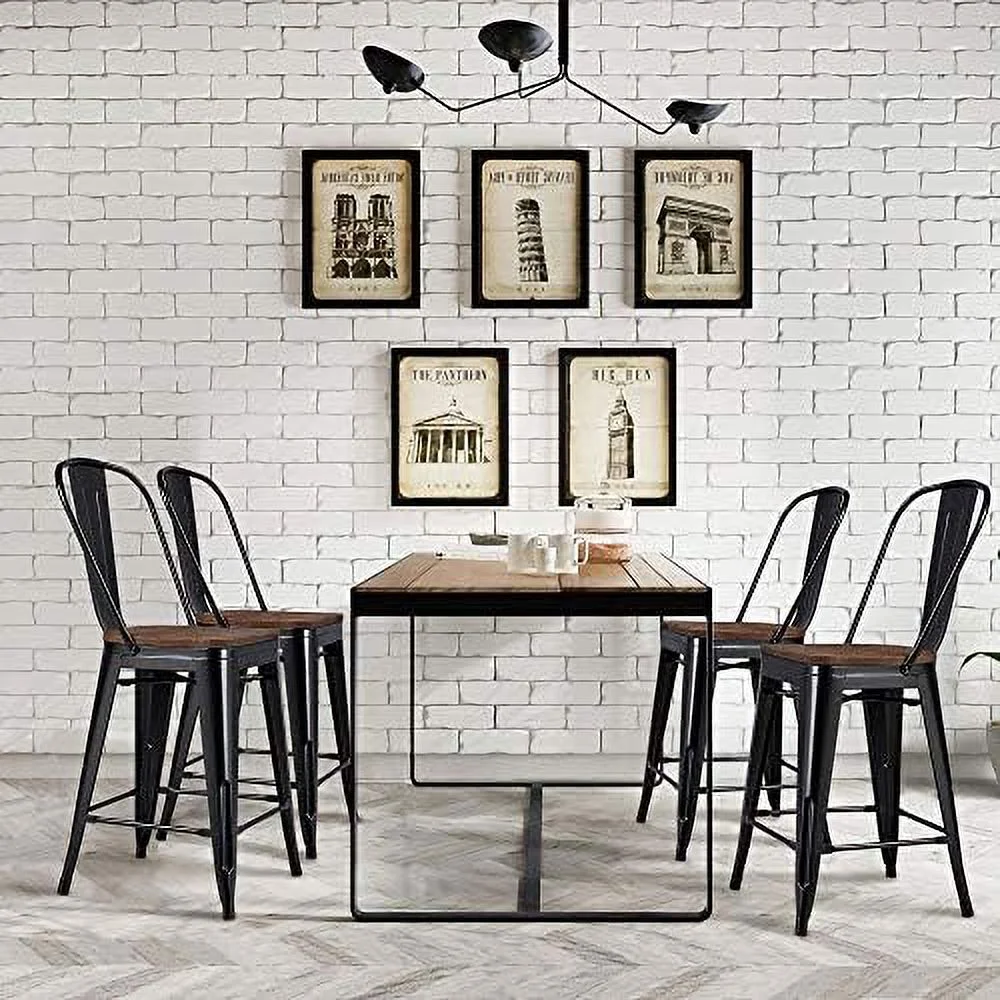 HYHBIBOOM 24Inch Seat Height Style Dining Stools Chairs with Wood Seat/Top and High Backrest  Industrial Metal Counter Height Stool  Modern Kitchen Dining  Chairs Rustic  Black  Set of 4
