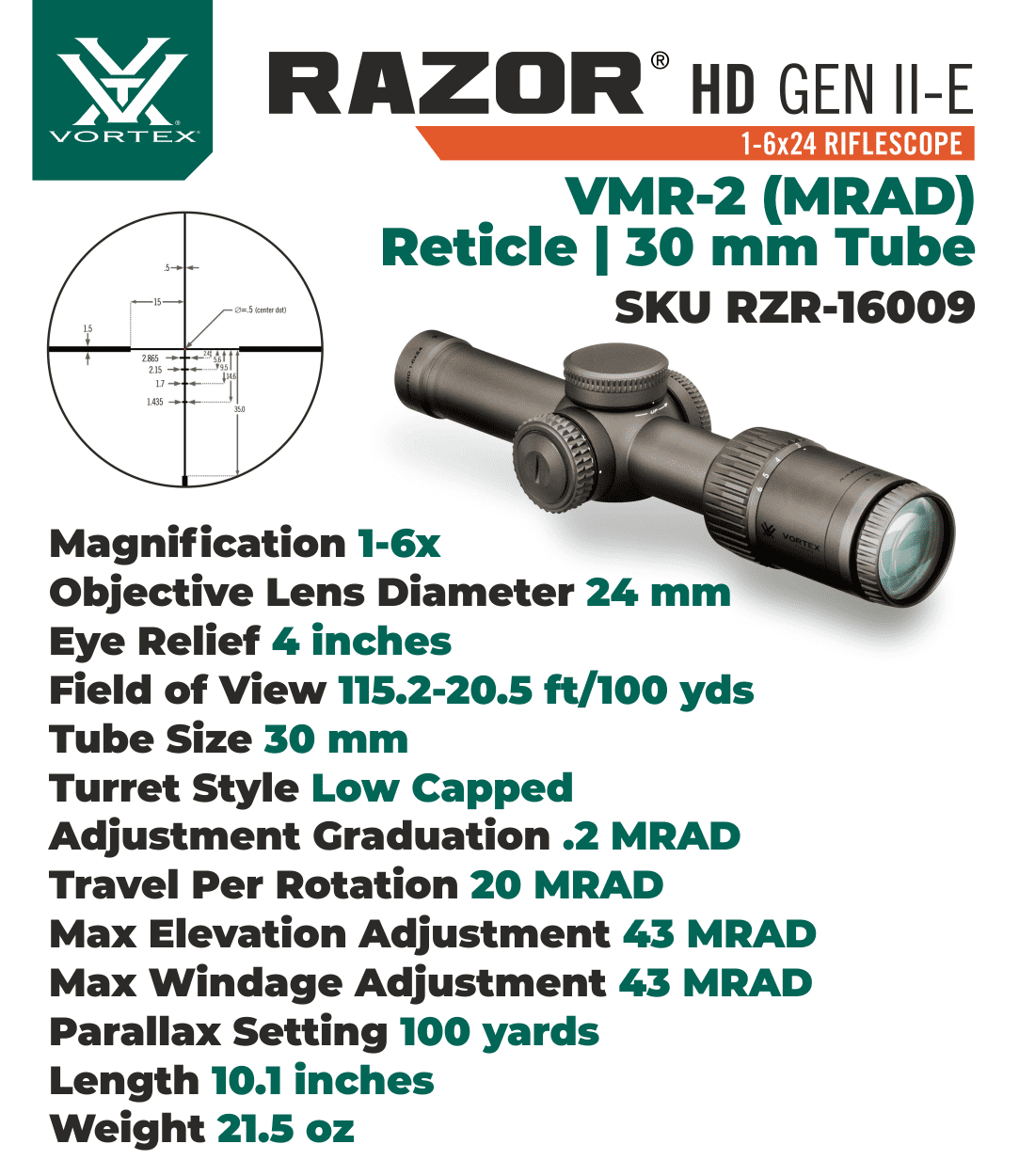 Vortex Optics Razor HD Gen II-E 1-6x24 VMR-2 (MOA) Reticle, 30 mm Tube with Free Hat