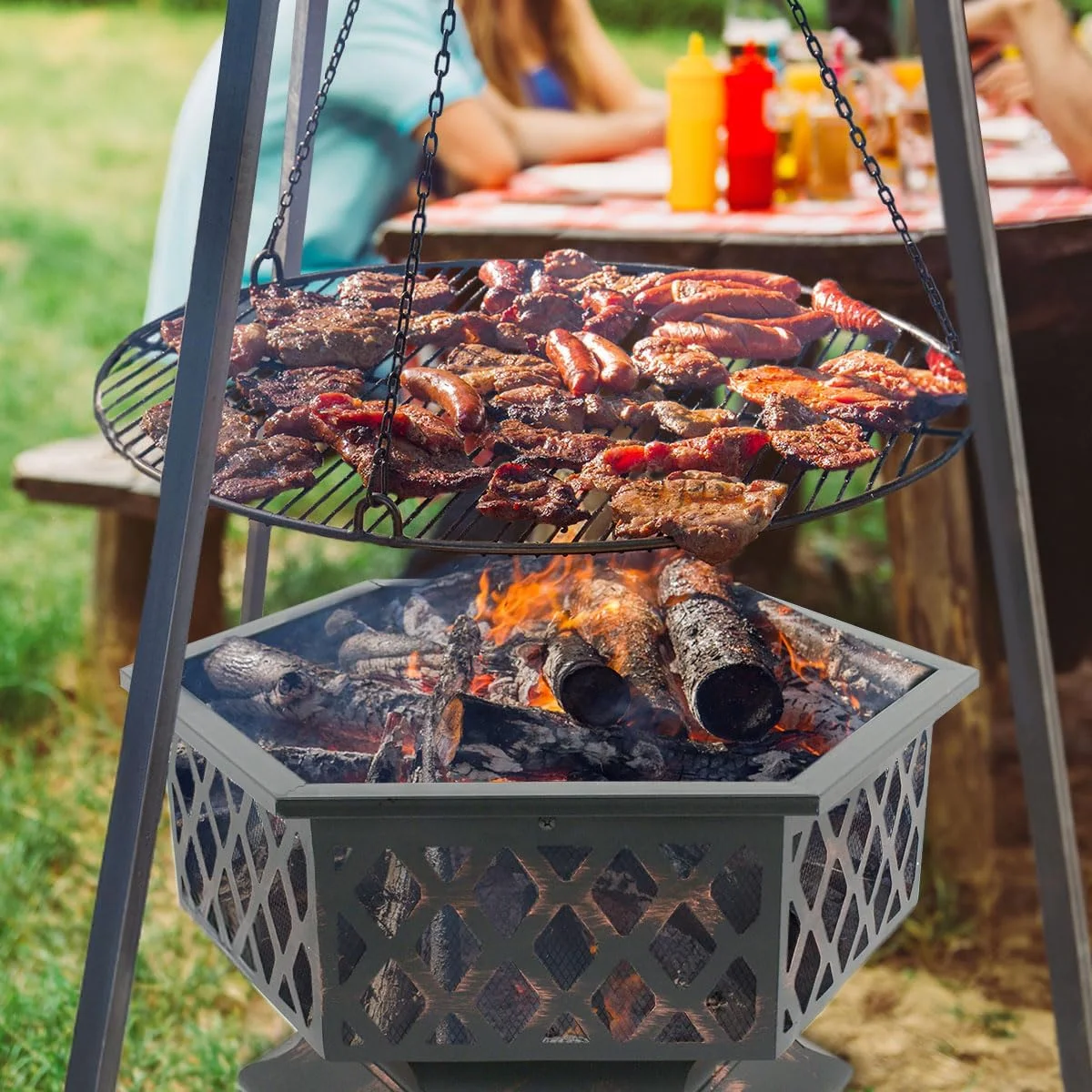 Hex Shaped Fire Pit Wood Burning Fireplace Firepit Bowl with Spark Screen Cover Patio Backyard Heater Steel 24