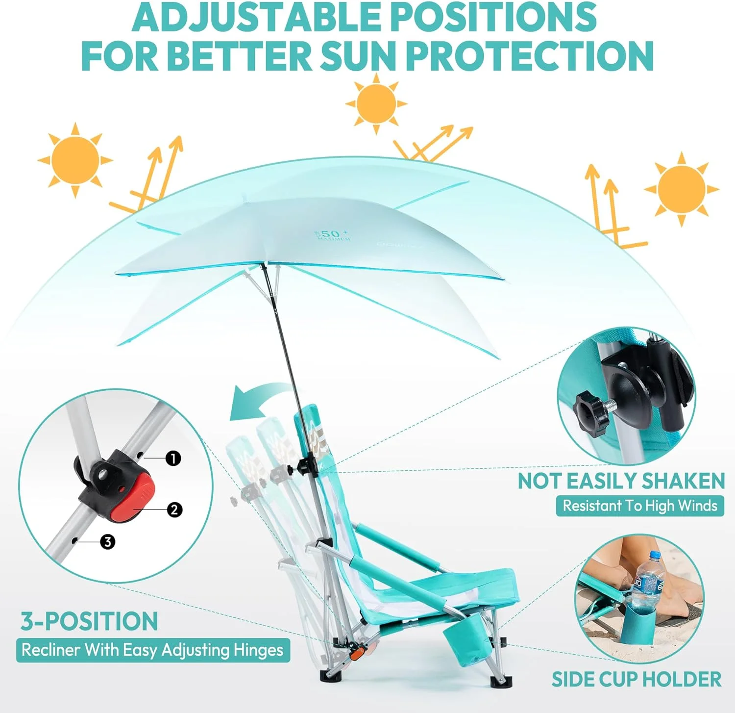 Dowinx Beach Chair with Adjustable Umbrella, Portable Low Camping Chair for Adults, High Back Lightweight Lawn Chair with Holdcup, UPF 50+, 2 Pack