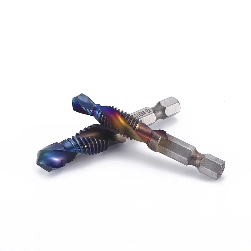 Metric Tap and Drill Bit Set Combination HSS Blue Coating Twist Drill Tap Combination Bit Set 6PCS with 1/4” Hex Shank Spiral Flute