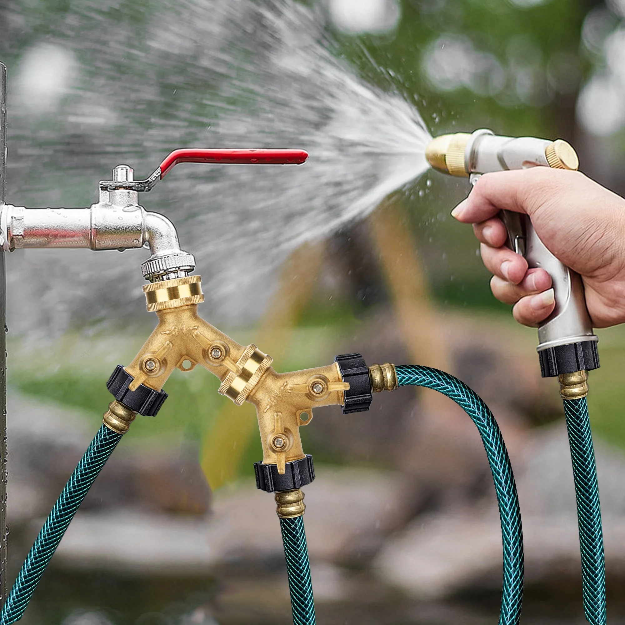 EEEkit Garden Hose Splitter 2 Way, Heavy Duty Brass Y-Shaped Garden Hose Connector with Shut Off Valve